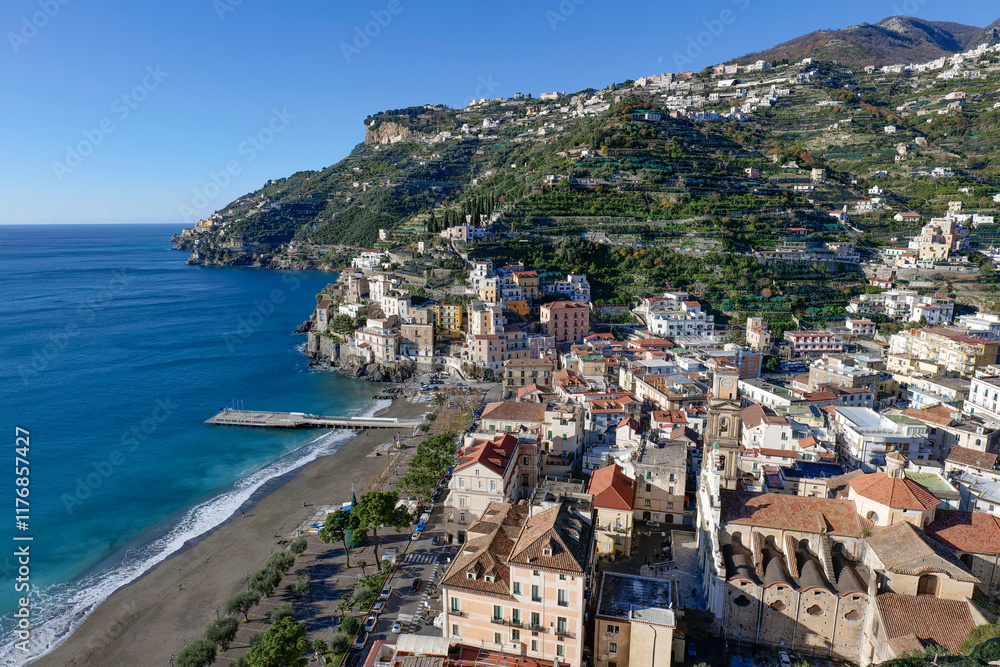 View of Minori, a town on the Amalfi Coast in the province of Salerno, Italy. View of Minori, a town on the Amalfi Coast in the province of Salerno, Italy.