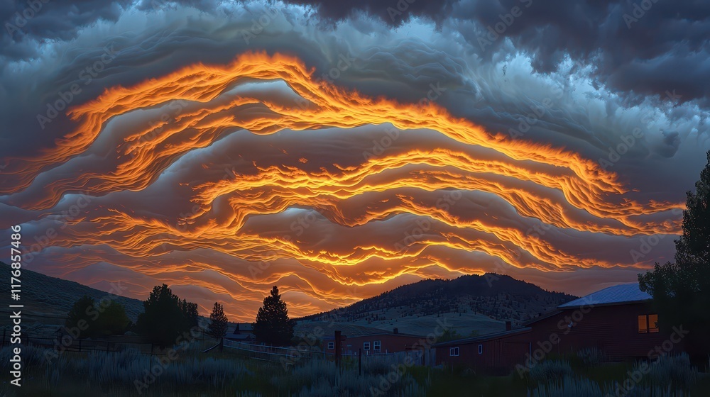 Fototapeta premium Dramatic undulating clouds at sunset over rural landscape with fiery sky