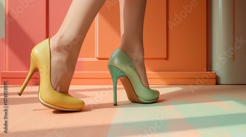 Women's feet in contrasting yellow and mint heeled shoes on a bright gradient background. A conceptual snapshot of fashionable technologies with an emphasis on details. photo