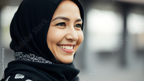 portrait of a woman in a black hijab and smile photo