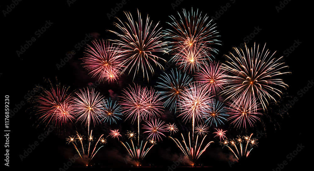 Night Sky Firework Display Illuminating the Celebration of New Year's Eve Night Sky Firework Display Illuminating the Celebration of New Year's Eve