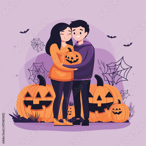 Couple holding carved pumpkin with jack-o'-lantern faces. photo