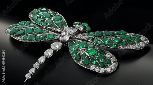 A brooch shaped like a dragonfly adorned with emeralds and diamonds photo