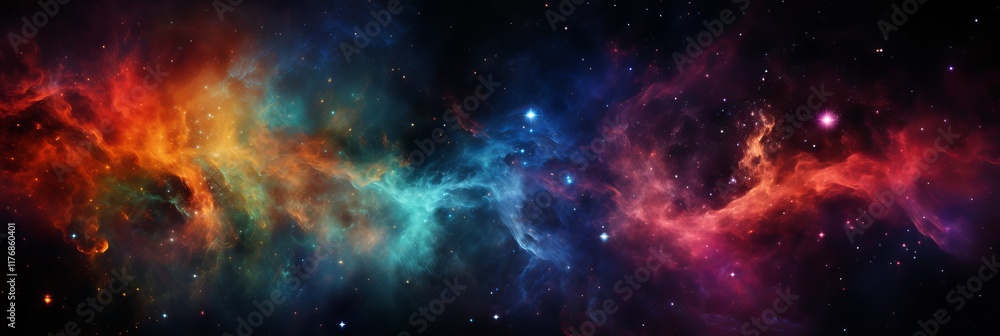 Naklejka premium Colorful cosmic clouds swirl in the vastness of the universe at night. Generative AI