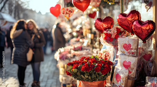 A vibrant Valentine's Day market stall filled with handmade gifts, bouquets of red and pink flowers, and heart-shaped balloons, with happy couples browsing the offerings on a sunny day  photo