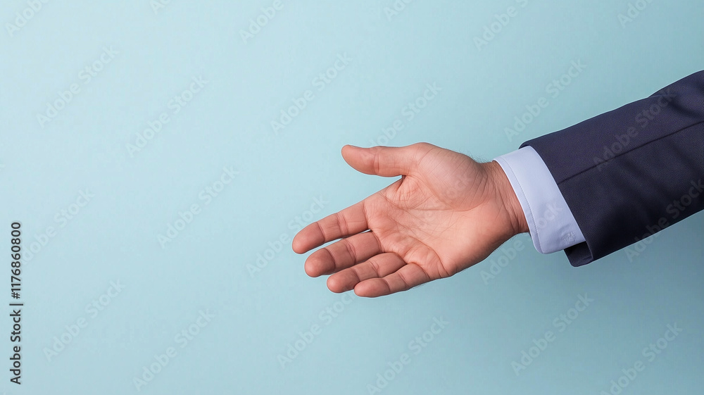 businessman hand reaching out for handshake against light blue background, symbolizing professionalism and connection businessman hand reaching out for handshake against light blue background, symbolizing professionalism and connection