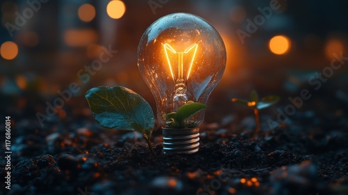 Illuminating Growth: A glowing lightbulb nestled in the earth, sprouting new life, symbolizing innovation and sustainability.