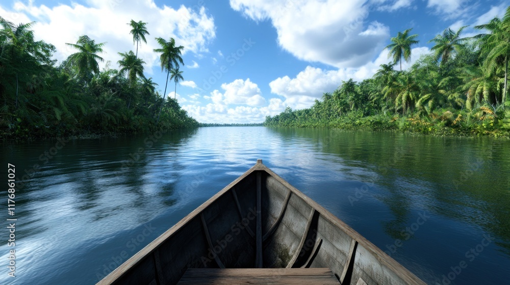 Serene river scene with a boat surrounded by lush greenery. Serene river scene with a boat surrounded by lush greenery.