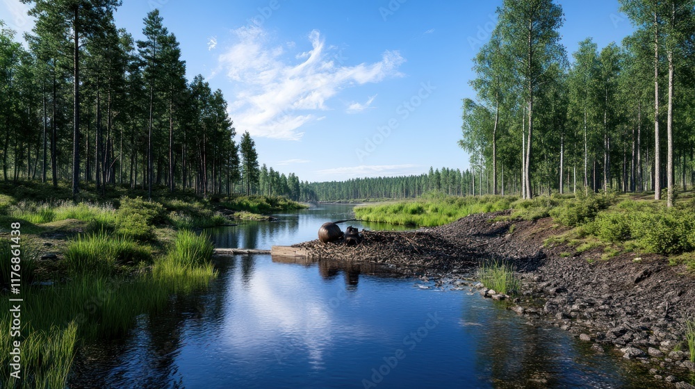 Serene forest landscape with a calm river and lush greenery. Serene forest landscape with a calm river and lush greenery.