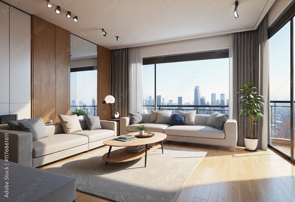 Fototapeta premium Urban Oasis: A Stylish Apartment with a Panoramic View