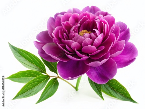 Close-up Purple Peony Flower with Green Leaves, Isolated on White Background - Tilt-Shift Photography
