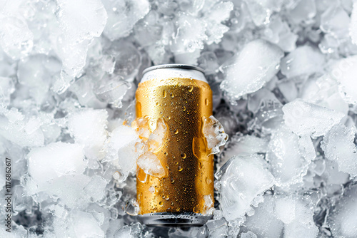 A frosty beverage can with condensation droplets, set on ice for a cool and refreshing experience.