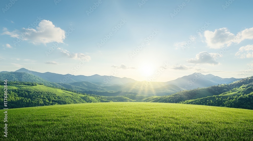 Fototapeta premium Serene Landscape with Lush Green Fields and Mountains