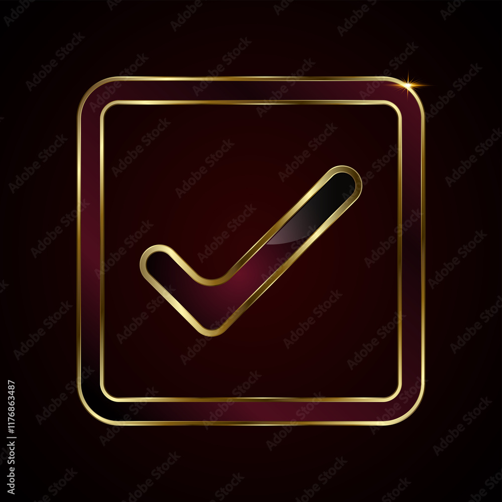 A sophisticated golden checkmark is enclosed within a square golden frame. The glossy black and deep burgundy gradient interior creates a luxurious appearance.