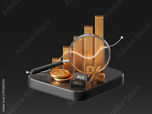 Gold investment stock market diagram concept isolated on 3d background with business financial economy trade wealth banking chart. Growth marketing forex money finance currency success profit graph.