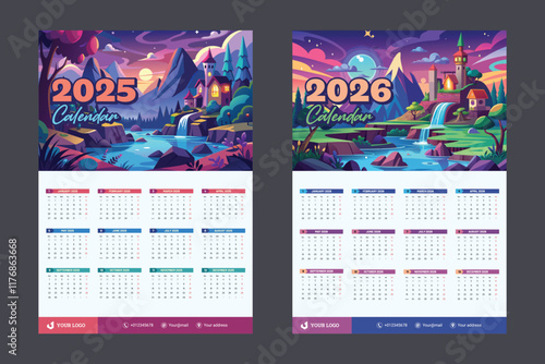 one page wall calendar design for 2025 and 2026 with magical landscape background