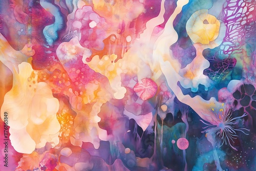 Vibrant abstract watercolor painting.  Swirls of pink, purple, orange, and yellow create a dreamy, ethereal landscape. Perfect for design projects needing a touch of fantasy.