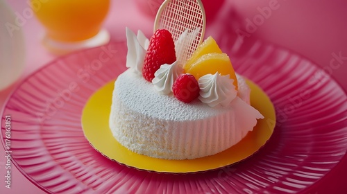 A cake shaped like a badminton shuttlecock paired with a fruity punch photo