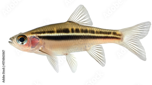Striped  Minnow:  A close-up  view  of  a  small  striped  minnow  with  its  vibrant  black  and  yellow  stripes  and  fins  spread  out.