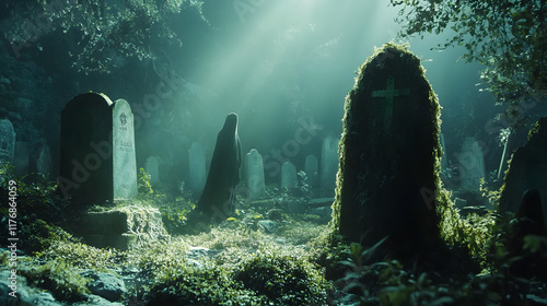 A chilling graveyard scene with tombstones draped in moss, a ghostly figure appearing near one grave, and the surrounding area bathed in an ethereal glow, representing the connection between  photo