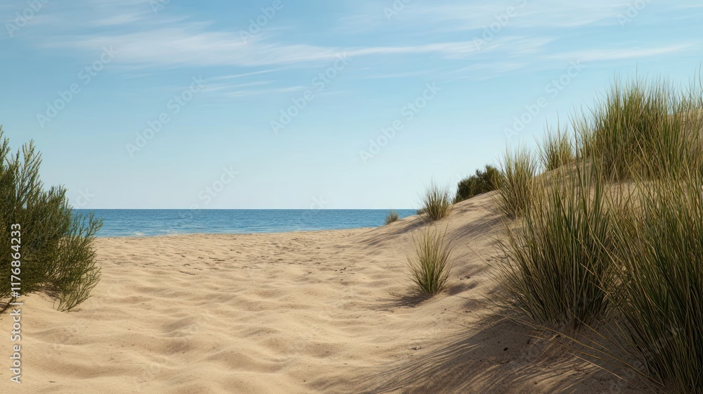 Serene beach scene with sand dunes and grass under a clear sky. Serene beach scene with sand dunes and grass under a clear sky.