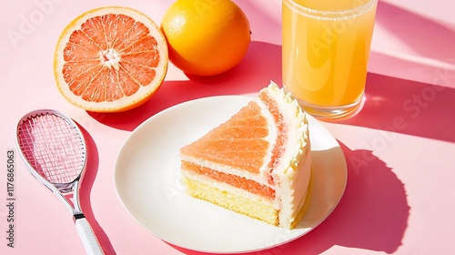 A cake shaped like a tennis racket paired with a zesty grapefruit juice photo