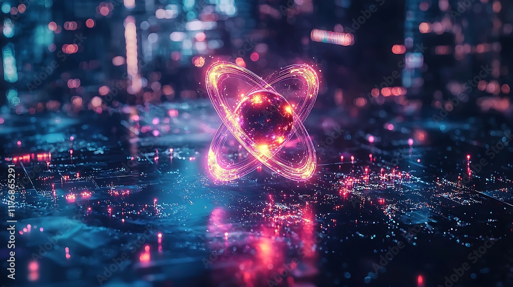 Fototapeta premium Futuristic city atom energy glowing network digital.