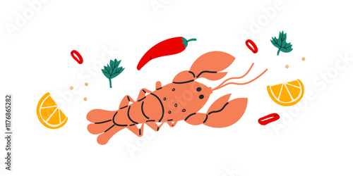 Lobster Icon on White Background. Vector flat hand drawn illustration , sea food with spices lemon ,chili .