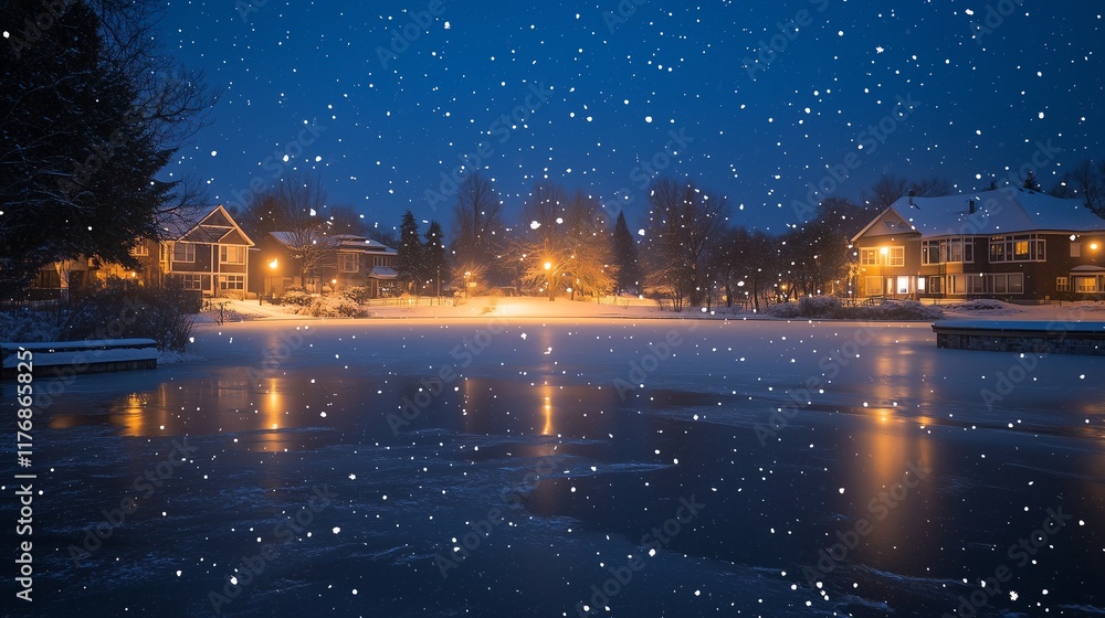 A calm winter night with snowflakes falling softly on a frozen pond, illuminated by nearby houses, creating a peaceful atmosphere with a deep blue sky above, evoking serenity and warmth. A calm winter night with snowflakes falling softly on a frozen pond, illuminated by nearby houses, creating a peaceful atmosphere with a deep blue sky above, evoking serenity and warmth.