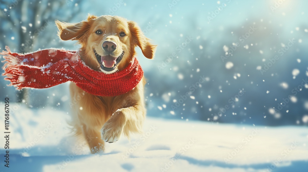 A playful golden retriever wearing a cozy red scarf, happily running through a snowy yard, with snowflakes gently falling around it and a bright blue sky overhead. A playful golden retriever wearing a cozy red scarf, happily running through a snowy yard, with snowflakes gently falling around it and a bright blue sky overhead.
