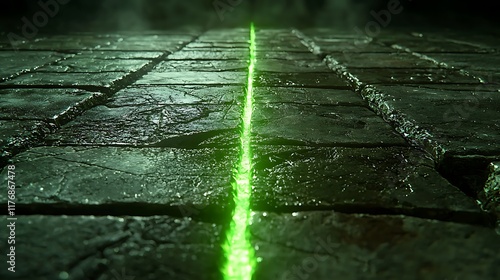Glowing green line on dark stone pavement; fantasy background; game design.