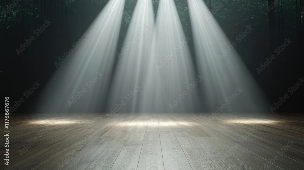 Obraz premium Spotlight Illumination on Wooden Floor in Dark Forest Background with Soft Green Hues
