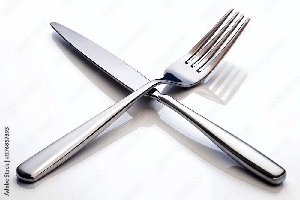 Crossed Metal Knife and Fork on White Background - Elegant Cutlery Stock Photo Crossed Metal Knife and Fork on White Background - Elegant Cutlery Stock Photo