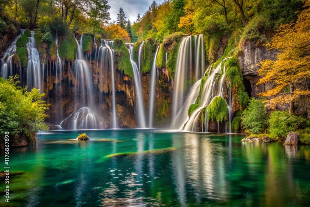 Fototapeta premium Croatia Plitvice Lakes National Park Veliki Slap Waterfall Minimalist Landscape Photography