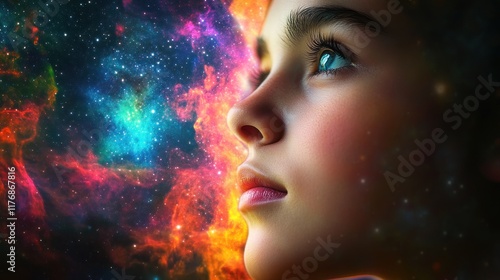 A child's face gazing at a vibrant nebula, filled with wonder and cosmic inspiration. photo