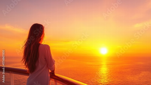 Woman Enjoys Serene Sunset Over Calm Ocean From Cruise Ship Balcony With Golden Sky Reflection