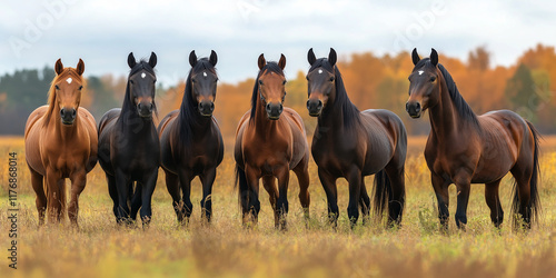 Majestic horses standing in a golden field autumn landscape nature photography scenic viewpoint equine beauty photo