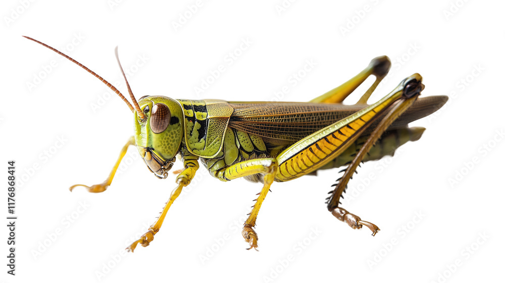 Close-up of a Green Grasshopper: A vibrant, green grasshopper with prominent yellow stripes on its legs and wings. It's perched on a white background, showing off its intricate details. Close-up of a Green Grasshopper: A vibrant, green grasshopper with prominent yellow stripes on its legs and wings. It's perched on a white background, showing off its intricate details.