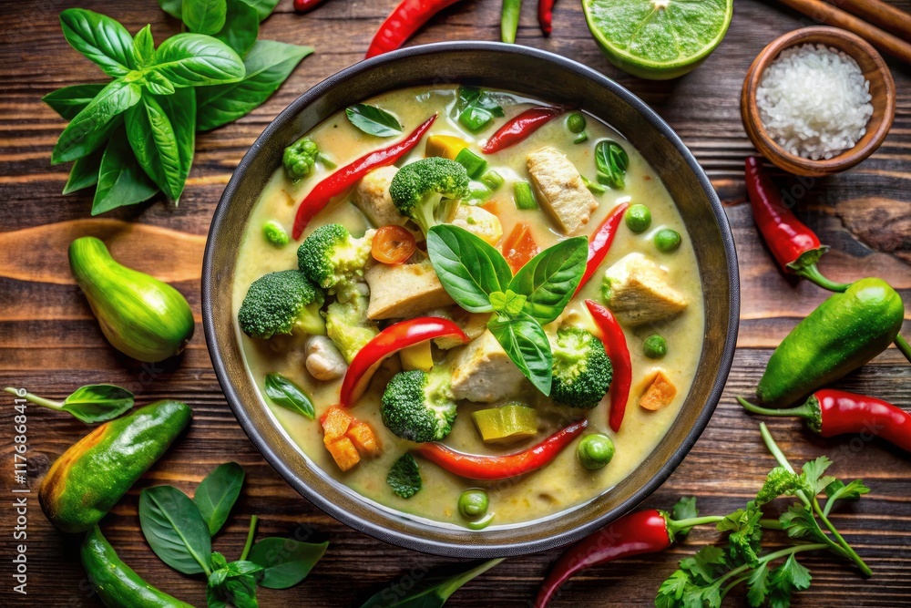 Aerial Drone Shot: Vibrant Green Curry Bowl, Fresh Herbs, Delicious Thai Food Aerial Drone Shot: Vibrant Green Curry Bowl, Fresh Herbs, Delicious Thai Food
