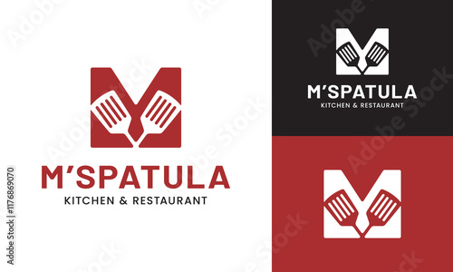 Letter Initial M Spatula Logo Design Template. Suitable for Restaurant Kitchen Bistro Cafe Catering Eatery Grill Barbeque or Chef Cook Kitchener Food Blogger Business Brand Company Logo Design