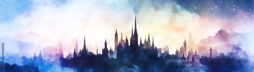 Fototapeta premium Magical city skyline at dawn. Watercolor style painting of a fantasy kingdom in clouds.