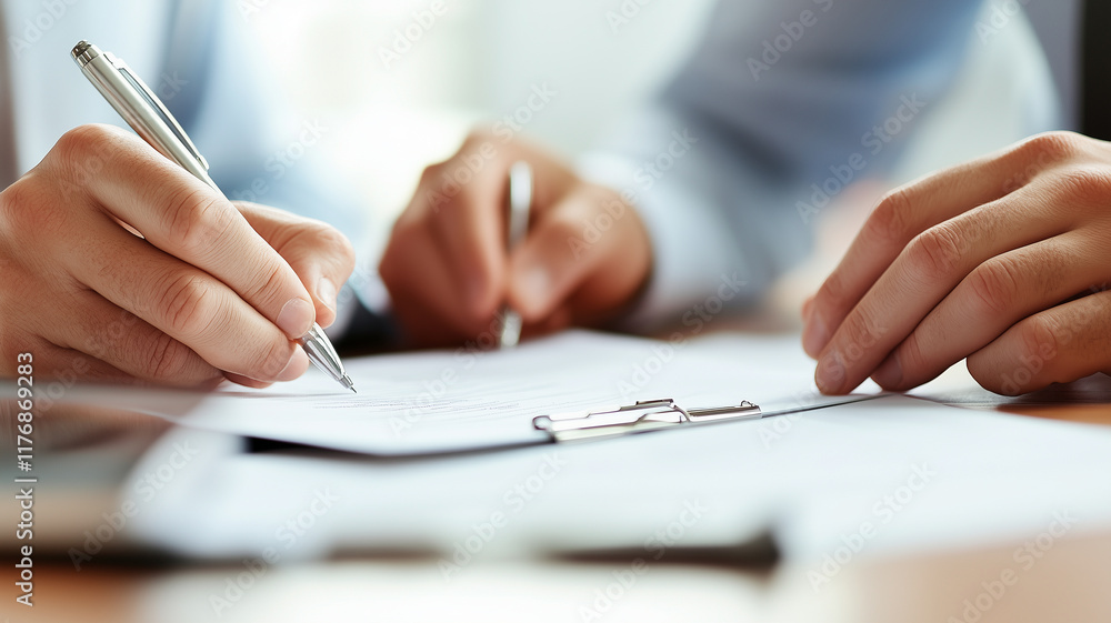 Professional hands signing documents with pens on wooden desk, showcasing collaboration and business communication Professional hands signing documents with pens on wooden desk, showcasing collaboration and business communication
