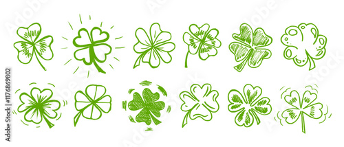 Lucky four, three clover shamrock leaf icon hand drawn style vector illustration set. Irish celtic St Patrick Day logo shamrock clover leaf symbol collection. Luck and happiness floral Irish ornament.