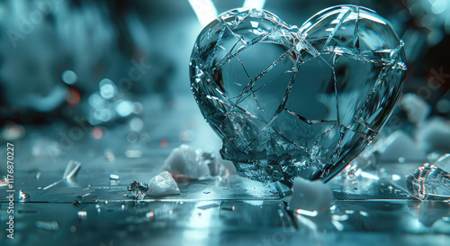 Wallpaper Mural Glass heart vase shattered into pieces lying on the metallic table in a futuristic room. Torontodigital.ca