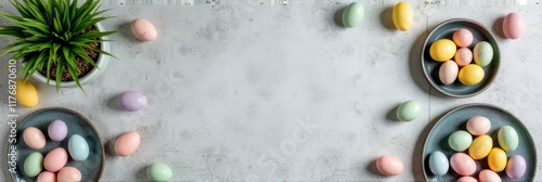 Colorful easter eggs on plates with green plant on light background