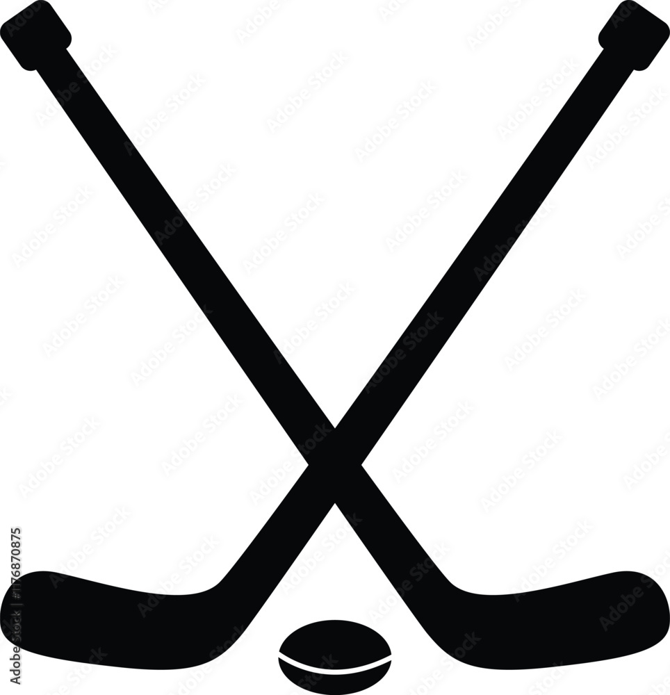 Modern and Sleek Vector Art Featuring Crossed Hockey Sticks and a Puck in the Middle Modern and Sleek Vector Art Featuring Crossed Hockey Sticks and a Puck in the Middle