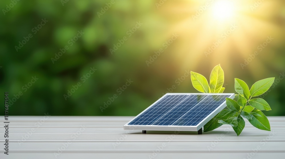 Fototapeta premium Solar Panel with Green Leaves in Bright Light
