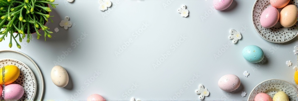 Fototapeta premium Colorful easter eggs and spring blossoms on light gray background