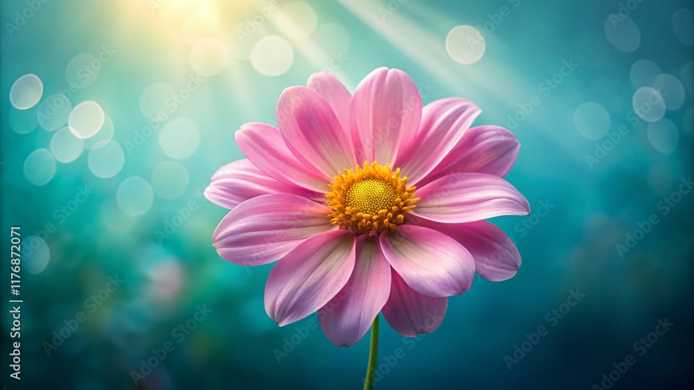 Fototapeta premium Delicate Pink Flower with Yellow Center, Teal Background - Stock Photo