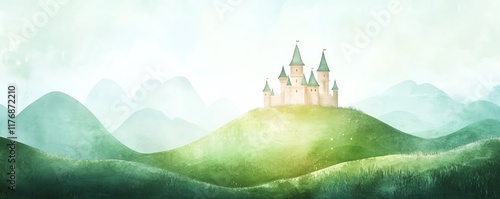 Fairytale castle nestled atop a lush green hill, surrounded by a dreamy, misty mountain landscape. Perfect for fantasy, fairytale, and children's book illustrations.